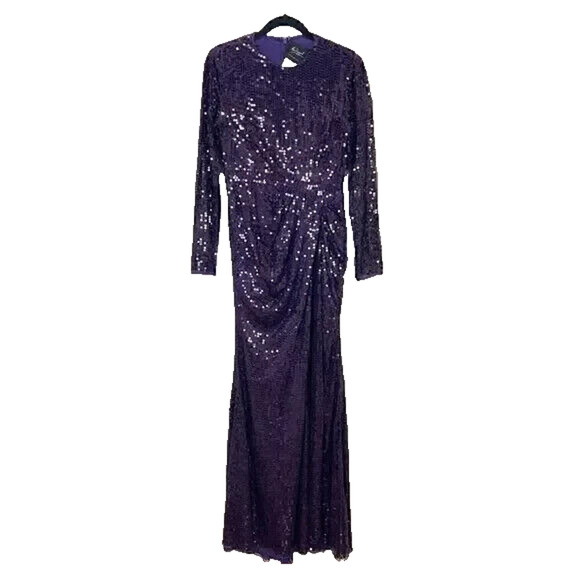 Mac Duggal SEQUINED HIGH‎ NECK LONG SLEEVE DRAPED GOWN 10824 SZ 2 Amethyst NWT - Picture 3 of 5